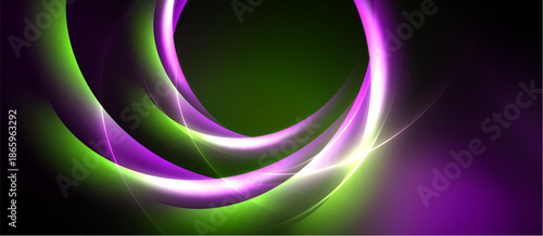 Abstract design features swirling luminous lines. Purple, green hues dominate dark background. Modern, dynamic composition.