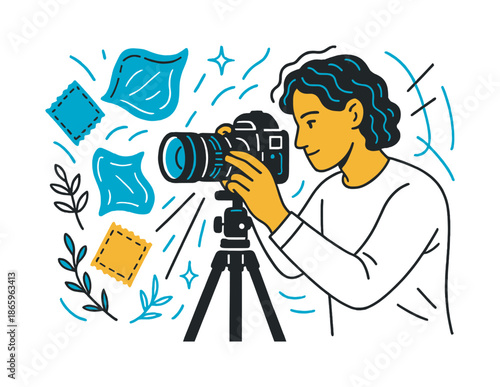 Sustainable Fashion Photography. Photography focused on sustainable fashion ? behind the lens. A photographer adjusts the camera as fabric swatches and