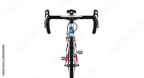 Front view of a sleek modern road bicycle with drop handlebars and red accents.