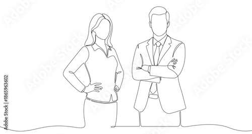 Business man and woman with crossed arms in one line art style. Drawing with editable black stroke on white background. Vector illustration.
