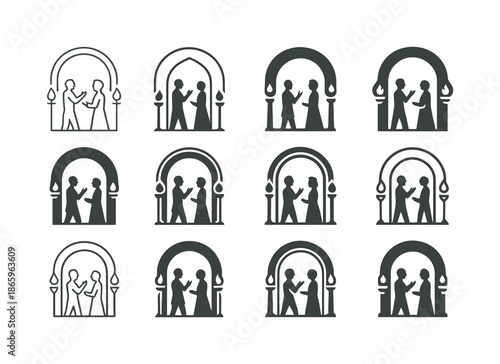 Shakespearean Rehearsal Icons. Actors Rehearsing a Scene from a Shakespearean Play. Icon set. Set Logo of Actors Rehearsing a Scene from a Shakespearean Play: