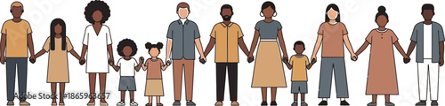 Diverse group of adults and children standing together in a unified line holding hands symbolizing community togetherness and global cooperation