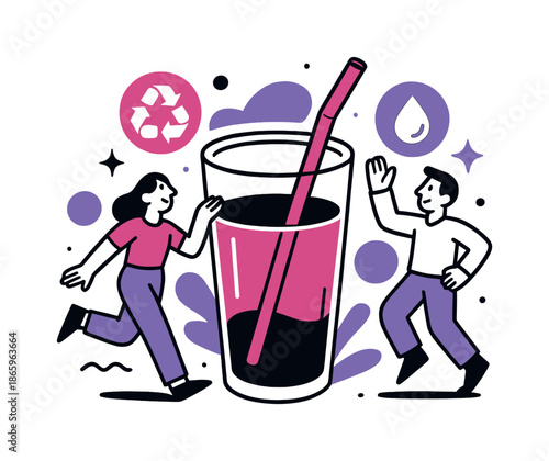 Sustainable Straw Design. Reusable straw focus. A reusable straw in a stylish tumbler, glowing icons highlight sustainability and clean drinking. Modern