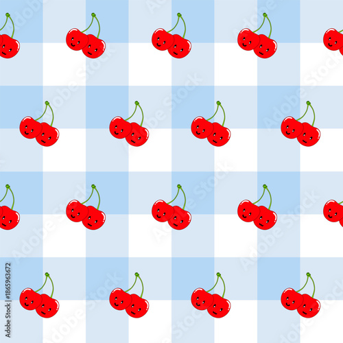 Seamless pattern of bright red cherry dolls on a cheerful pastel blue plaid background, cute and playful, designed for clothing fabric, curtains, tablecloths, or gift wrapping paper.