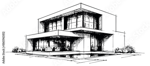 Hand drawn illustration of a modern house depicting contemporary architecture for real estate design