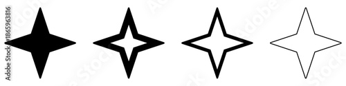Star icon. Four-pointed star (sparkle/glitter): black silhouette and outline lines, isolated on a white background. Four style variations. Vector illustration.