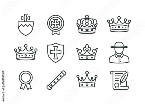 European Titles Icons. Historic European titles. Line icon set of historic European titles: margrave symbol, elector emblem, duke coronet, baron coronet, count