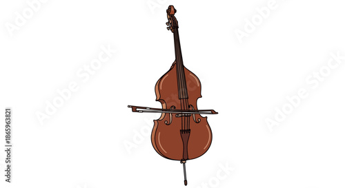 A classic upright double bass with a bow resting on its strings.