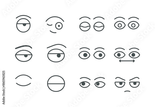 Nonverbal Eye Icons. Nonverbal Eye Signals. Line icon set of Nonverbal Eye Signals: eye roll, wink icon, double blink, slow blink, squint, raised eyebrow