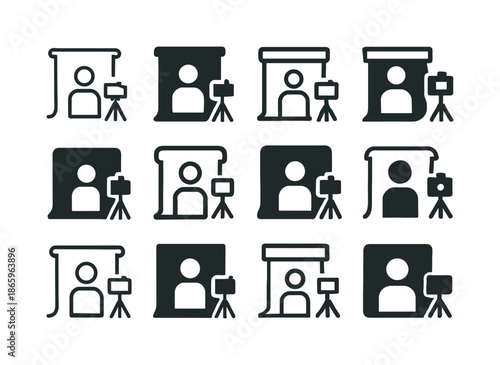 Studio Portrait Logo Set. Taking portraits in a studio. Icon set. Set Logo of Taking portraits in a studio: backdrop roll. harmonious logo variations of the