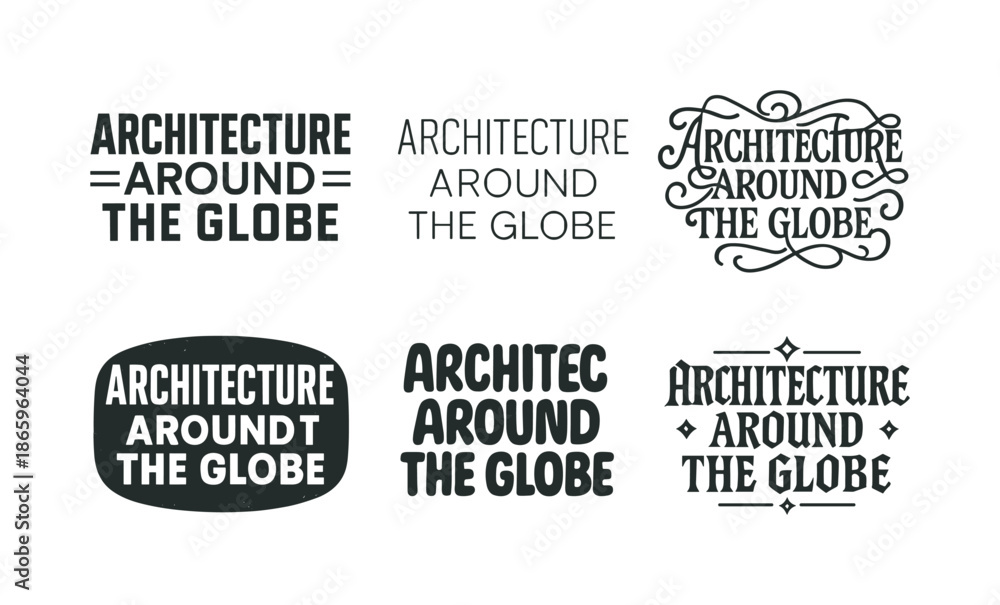 Fototapeta premium Global Typography Showcase. Architecture around the globe. Set lettering. harmonious lettering variations of the same emblematic concept, each with different