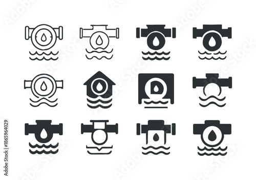 Irrigation System Logos. irrigation system. Icon set. Set Logo of irrigation system: water flow gauge. harmonious logo variations of the same emblematic