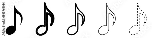 Musical note icon, isolated on white background. Five style options. Vector illustration