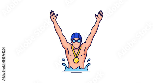 Victorious Swimmer with Arms Raised and Gold Medal.