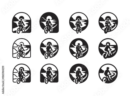 Cyclist Emblem Variations. A Cyclist Riding Along a Scenic Coastal Road, Taking in the View. Icon set. Set Logo of A Cyclist Riding Along a Scenic Coastal