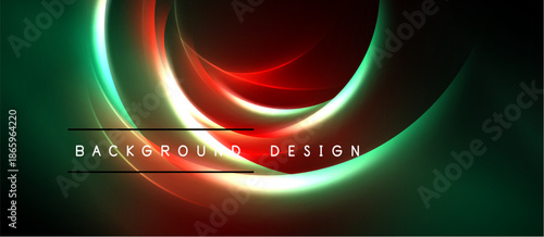 Abstract design features vibrant curves, glowing lines. Dark background enhances colorful layers, creating dynamic visual effect.