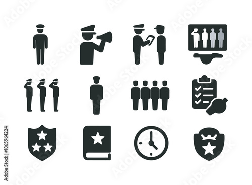 Military Protocol Icons. Military protocols. Solid icon set of Military protocols: attention pose, command call icon, inspection icon, dress code chart, salute