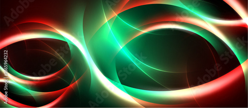 Abstract design features flowing curves, vibrant green, red hues. Light creates dynamic energy, dark background enhances contrast.