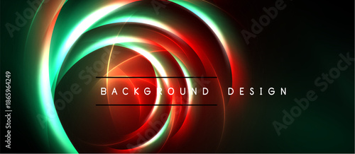 Bright neon circles overlap dark background. Red, green, orange hues create dynamic visual effect. Modern design element.