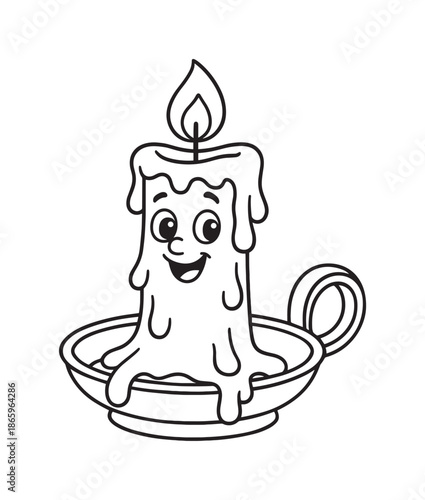 Cheerful Candle Coloring Page. Melting candle children?s coloring book illustration, outlined drawing, a cheerful candle dripping soft wax onto a simple