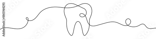 Human tooth. Drawing in one line art style with editable black stroke on a white background. Vector illustration, concept of dentistry, health, or hygiene.