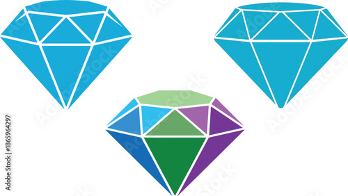 Graphic illustration of three colorful diamond shapes with white lines on a plain white background.