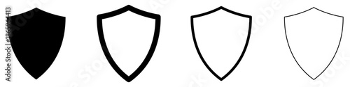 Shield icon. Classic symbol of protection and safety: black silhouette and outline lines. Four style variations. Vector illustration.