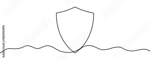 Shield in one line art style. Drawing with editable black stroke on a white background. Vector illustration, protection concept.