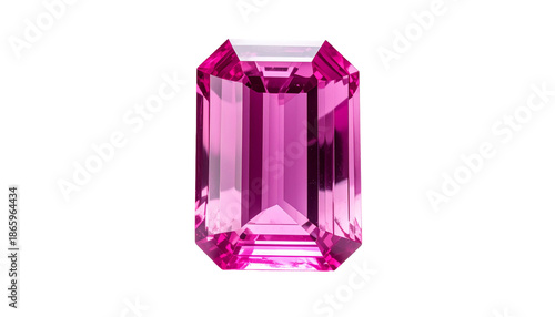 A radiant, emerald-cut pink gemstone on a solid black background
