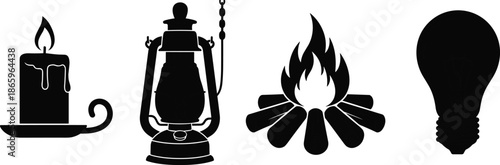 Light source silhouette icons set, candle lantern campfire and light bulb symbols, black energy illumination vector illustration