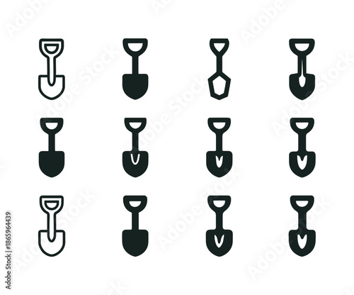 Sandbox Shovel Icons. Sandbox shovel. Icon set. Set Logo of sandbox shovel: classic toy shovel. harmonious logo variations of the same emblematic concept, each