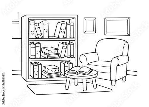 Coloring Book Library. Library learning children?s coloring book illustration, outlined drawing, a cozy bookshelf with smiling books and a quiet reading