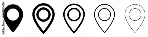 Geolocation icon. Map pin: black silhouette and outline lines with inner circle. Five style variations. Vector illustration.