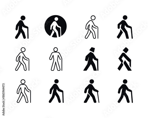 Walking Logo Variations. Walking. Icon set. Set Logo of walking: walking stick icon. harmonious logo variations of the same emblematic concept, each with