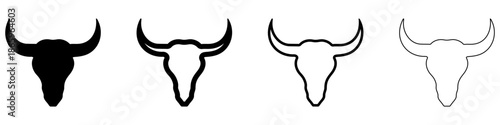 Bull head icon. Silhouette of a bull or buffalo head with horns: black silhouette and outline lines. Four style variations. Vector illustration.