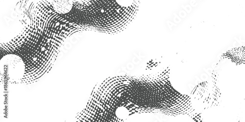 Abstract grayscale halftone pattern with circular and wavy lines background texture