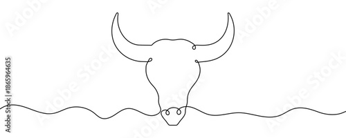 Head of a bull or cow with horns. Drawing in one line art style with editable black stroke on a white background. Vector illustration, concept of animal, farm, or the Zodiac sign