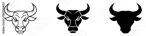 Angry bull head icon. Aggressive silhouette of a bull head with horns and eyes. Three style variations. Vector illustration.