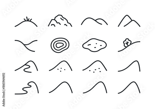 Hill Terrain Icons. Hill terrain. Line icon set of Hill terrain: grassy hill, rocky slope, rolling landscape, hilltop icon, valley curve, contour lines, dirt
