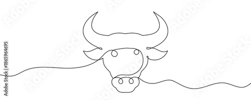 Head of a bull or cow with horns in one line art style. Drawing with editable black stroke on a white background. Vector illustration, animal concept.
