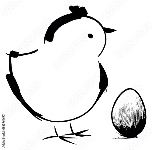 Hand drawn brush stroke Easter elements set featuring a baby chick and an egg for spring holiday