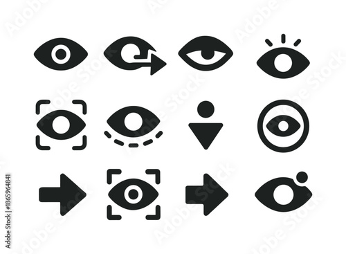 Visual Signals Icons. Visual signals. Solid icon set of Visual signals: eye icon, look arrow, glance symbol, blinking eye, observation icon, watchful eye,