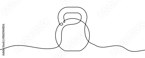 Kettlebell or weight for sports training in one line art style. Drawing with editable black stroke on a white background. Vector illustration, sport and weightlifting concept.