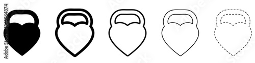 Kettlebell heart icon. Symbol of love for fitness: black silhouette, outline lines, and dashed line. Five style variations. Vector illustration.