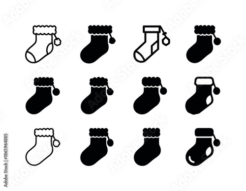 Fuzzy Socks Icons. Fuzzy Socks. Icon set. Set Logo of fuzzy socks: sock with pom-pom. harmonious logo variations of the same emblematic concept, each with