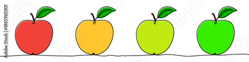 A set of four apples: red, yellow, light green, dark green, with stems and leaves. Drawing in one line art style with editable black stroke. Vector illustration