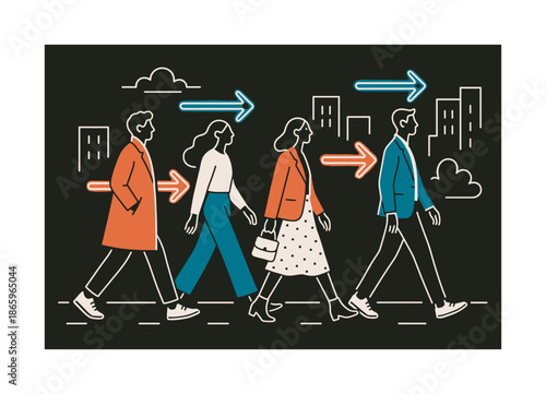 Stylish Urban Stroll. People walking on a city street dressed in stylish outfits ? urban stride. Trendy silhouettes move with confident rhythm; floating neon