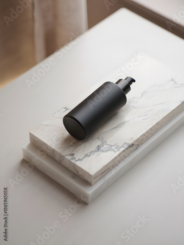 Black soap dispenser on marble tiles