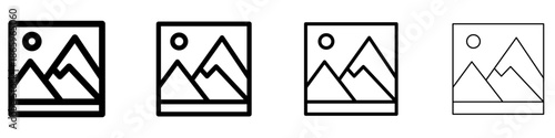 Free Download Image icon. Landscape pictogram with mountains and sun in a square frame. Four variations of outline line styles of different thicknesses. Vector illustration. - GFXLoad