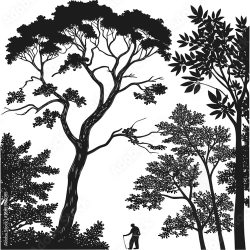 Silhouette of a forest with a lone walker